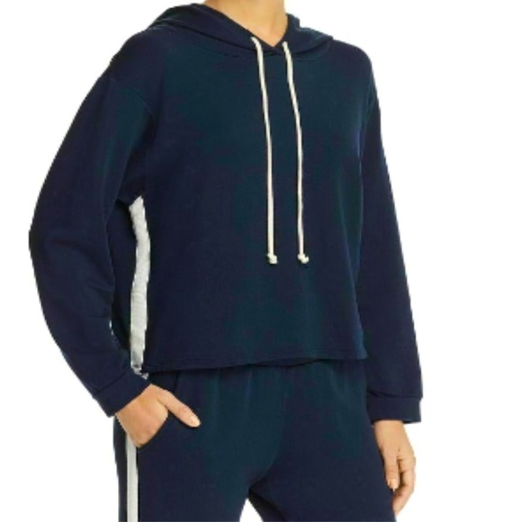 VELVET by Graham & Spencer Navy with White Strip Detail Drawstring Hoodie - Picture 1 of 7